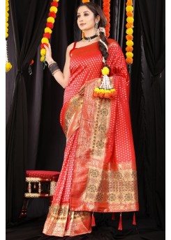 RED & GOLD COMBINATION BANARASI SAREE WITH ATTRACTIVE UNSTITCHED BLOUSE PIECE